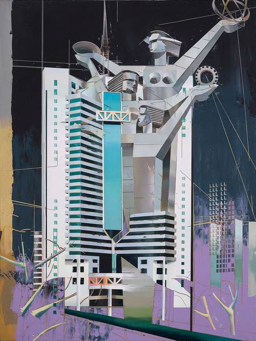 painting of a large tower block with robotic human figures emerging from the top of it