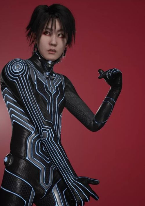 person with short black hair and a futuristic black bodysuit on