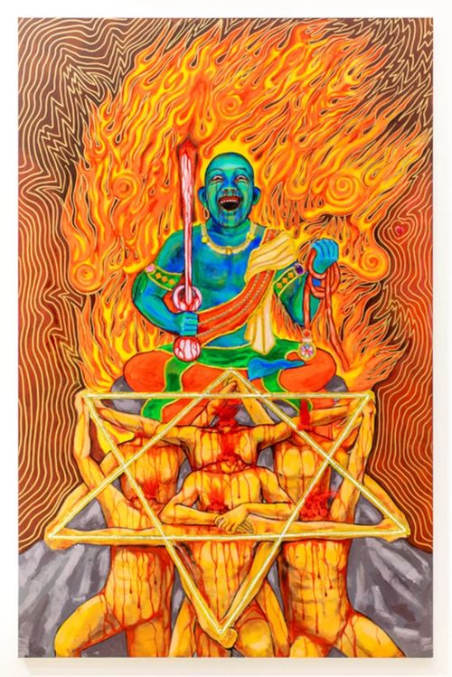 a flaming buddha sat cross-legged on top of five headless bodies holding a star shape