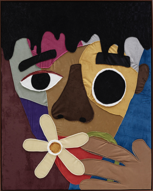 an abstract portrait of a man holding a flower to his mouth made out of fabric