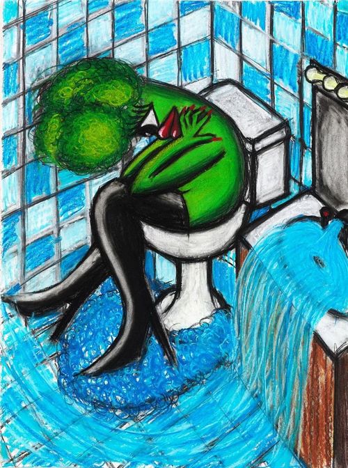 A somber broccoli wearing knee-high boots, sitting on a toilet whilst a running tap overflows next to her