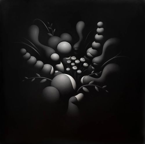 Black painting with light illuminating a series of round shapes and leaves, arranged like flowers, in the centre