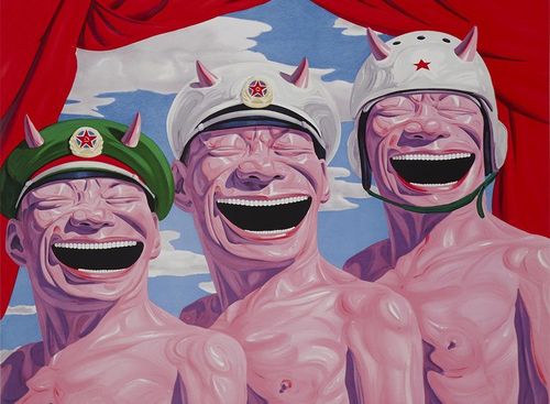 three pink grinning men with bare chests and helmets and hats on, with horns sticking out