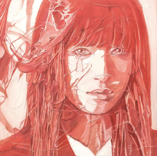 Woman with fringe looks ahead with red paint overlay 