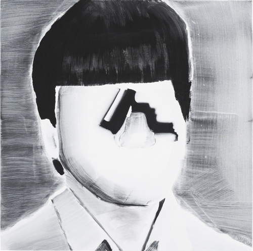 monochrome painting of a male student with no eyes or mouth
