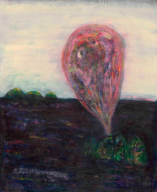 a pink balloon shape in a dark landscape