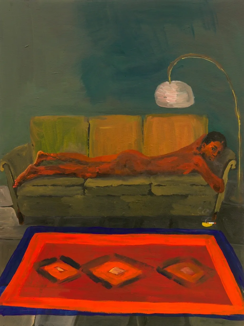 Painting depicting a person lying on a sofa