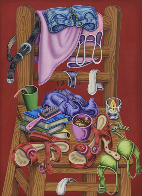 Clothing, books, shoes, pots and keys hanging over a wooden chair with a red background