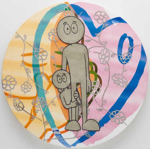 round painting of a colourful background with a cartoon figure kneeling down to hand a small planet to a child