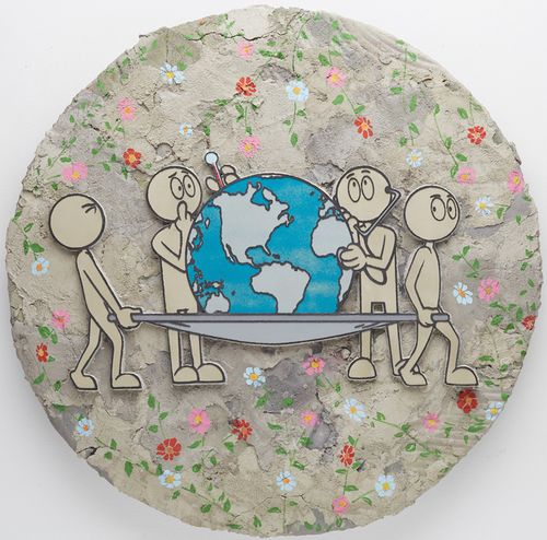 a round floral painting with four cartoon figures holding up the Earth