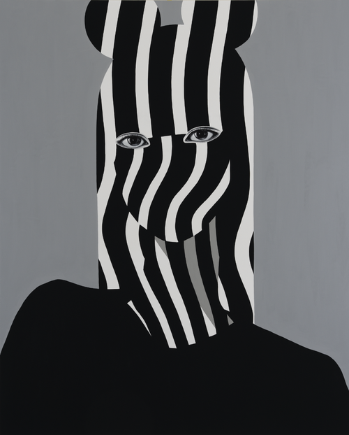 a portrait by Shigeki Matsuyama of a woman with striped features set against a grey background