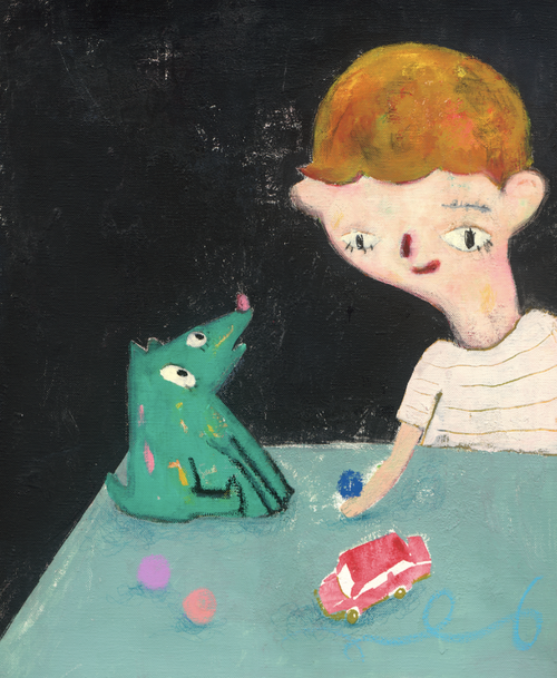 Green dog sitting on a blue table, looking at a boy