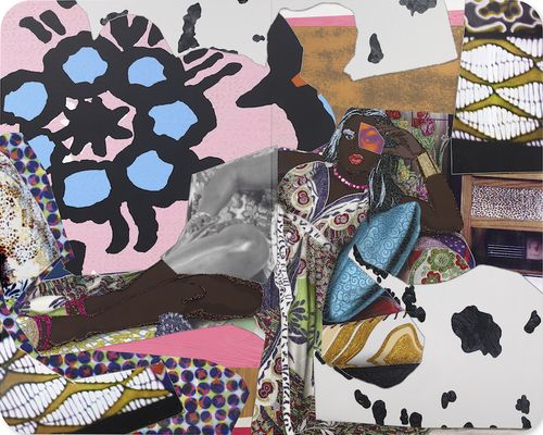 collage of woman reclining wearing a dress with patterns and flowers around her