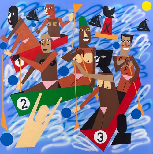Bouyance painting showing canoe race