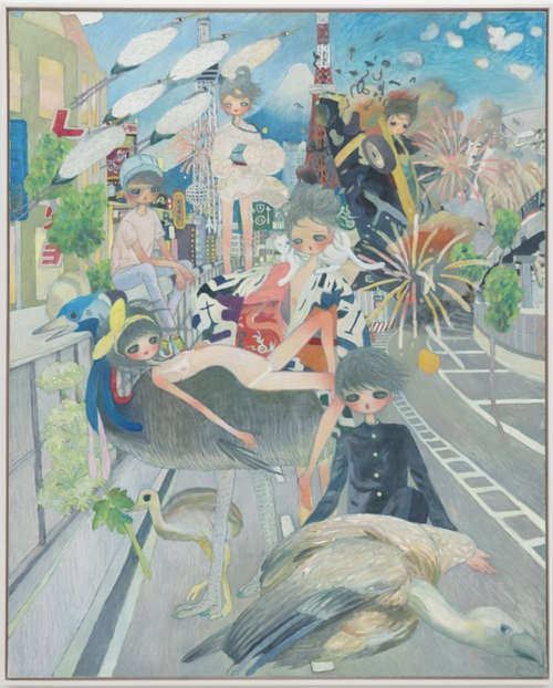 a group of figures and various types of birds placed on a road of a street with the Eiffel Tower and a mountain