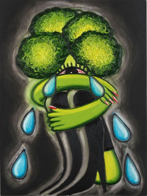 Broccoli wearing knee-high black boots and crying