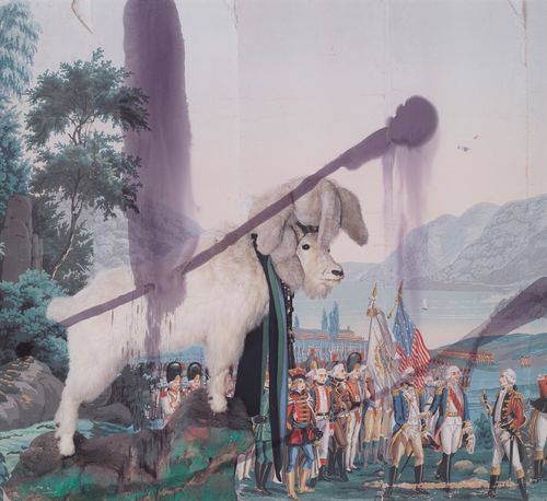 historical battle painting overlaid with a giant goat and dull purple marks