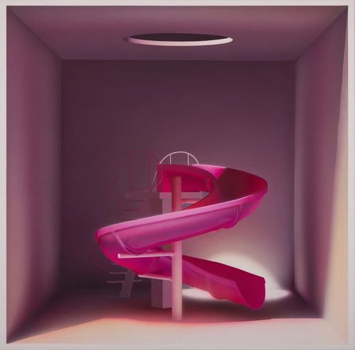 pink box with hole at the top and a pink playground curling slide