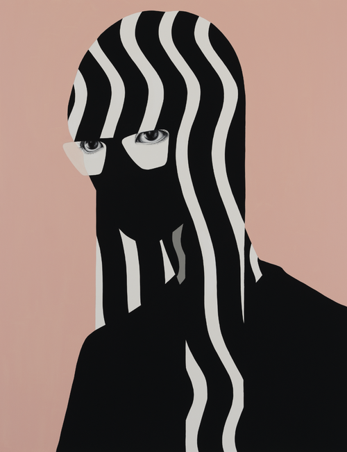 a portrait by Shigeki Matsuyama of a woman with striped features set against a pink background