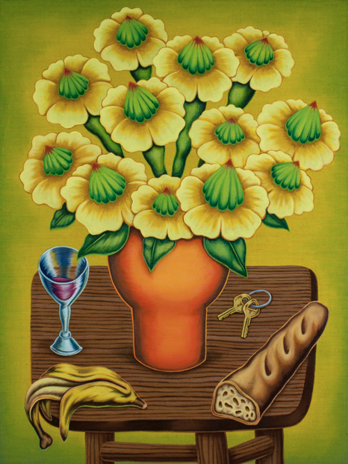 Flowers, banana skin, bread, keys and a wine glass on a wooden table with a green/yellow background