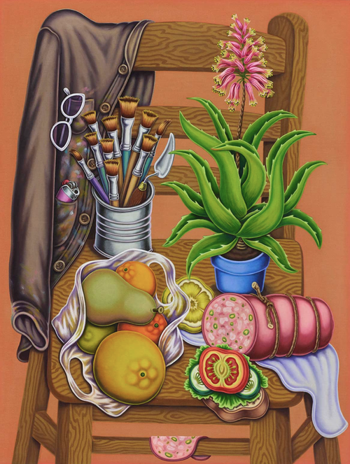Fruit, paintbrushes, plants and a jacket on a wooden chair with an orange background