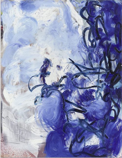 abstract blend of blue and white paints and dark lines
