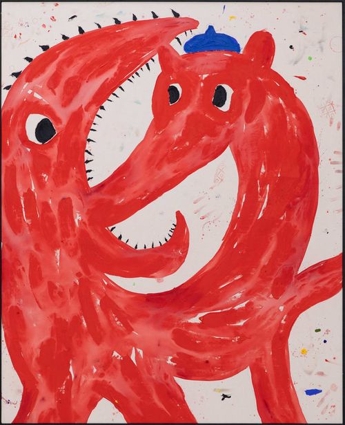 one red creature with small, sharp teeth opens its mouth to engulf another red creature wearing a blue hat