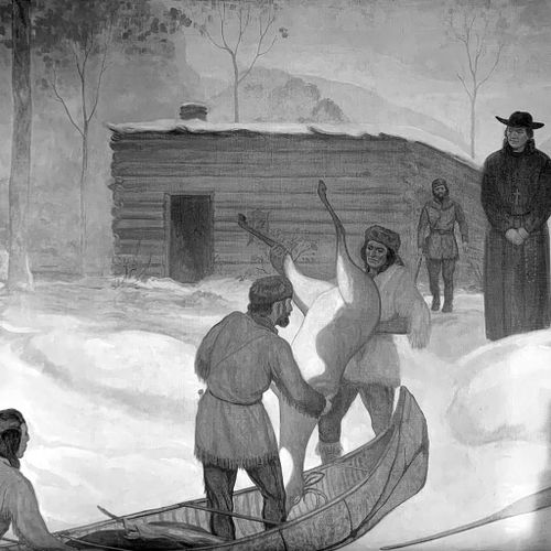 Babcock’s painting shows Pere Marquette and Louis Joliet standing with their men before a wooden structure and Indians near their teepees. An Indian and a trapper arrive in a canoe with freshly caught game. The snowy scene is painted in closely related hues of white, buff and brown, related to a style known as “tonalism.” 