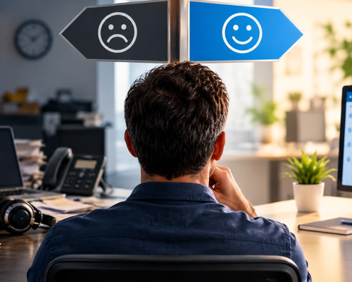 A man sits at a desk in an office, contemplating a signpost with arrows pointing to a sad face on the left and a smiling face on the right.