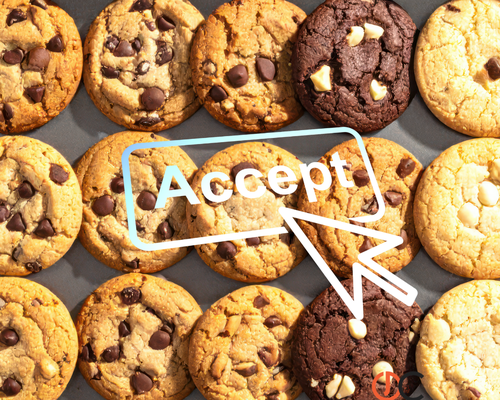 A tray of assorted chocolate chip cookies with an overlay of a cursor clicking 