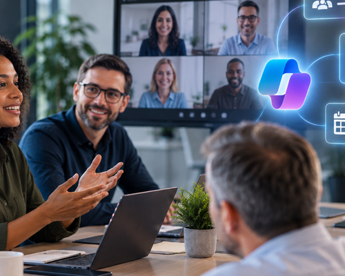 People in a meeting room having a discussion with a video conference screen in the background displaying four remote participants.