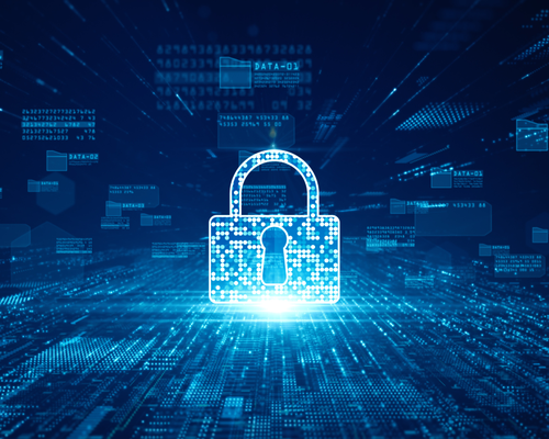 A digital padlock glows amid data streams, symbolizing cybersecurity and data protection in a futuristic blue-toned virtual space.