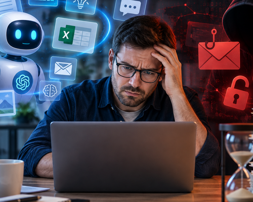 A man at a laptop looks concerned, surrounded by digital icons of AI assistance on one side and cybersecurity threats on the other.