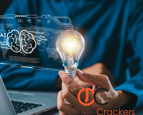 A person holds a glowing light bulb in front of a laptop with AI graphics. The logo 