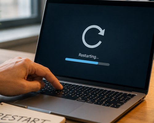 A person's hand touching a laptop keyboard with a screen displaying a restart symbol and progress bar indicating 