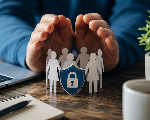 Hands encircle paper-cut people with a shield and lock symbol on a wooden table, signifying cybersecurity and protection.