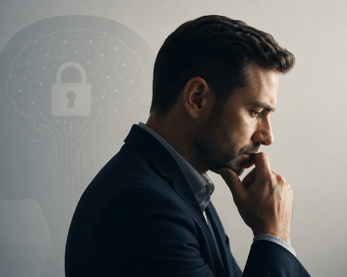 A thoughtful man in profile with a brain and padlock illustration in the background, symbolizing secure thoughts or mental privacy.