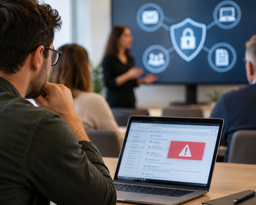 Man in a meeting room, looking at a laptop with an alert symbol. A presenter discusses cybersecurity with a diagram on a screen in the background.