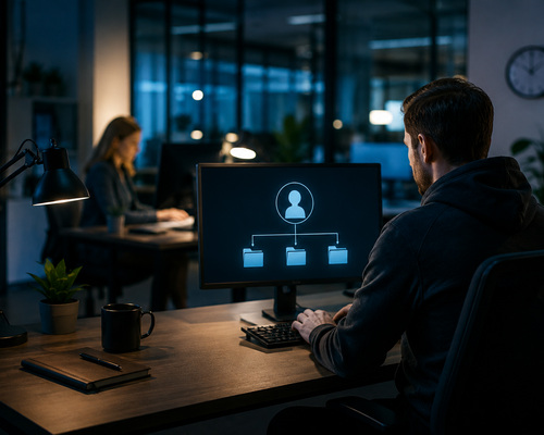 A person working on a computer displaying a network diagram in a dimly lit office, with another person working at a desk in the background.