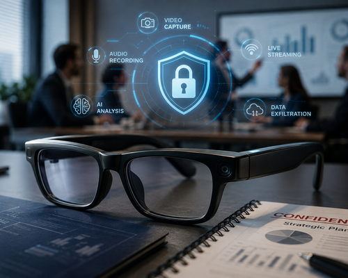 Smart glasses on a table with digital icons overlayed, representing concepts like video capture, AI analysis, and security.