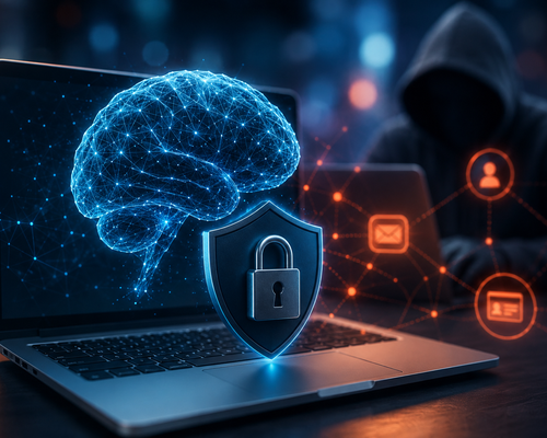 Hacker in a hoodie behind a laptop, with digital brain and lock symbol on a screen, representing cybersecurity and data protection.