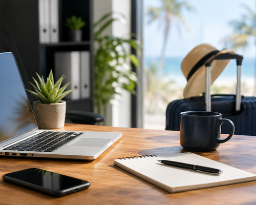 A wooden desk with a laptop, phone, notebook, pen, coffee mug, and potted plant, overlooking a beach view with palm trees and a suitcase with a hat.