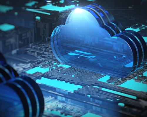 A digital blue cloud icon overlays a futuristic circuit board, suggesting cloud computing and technology integration.