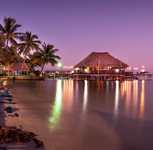 An extremely calm beach shoreline with palm trees and cabanas in the background during a purple and pink sunset