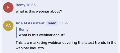 Chat exchange between Remy and Aria AI Assistant discussing a marketing webinar about the latest trends in the webinar industry.