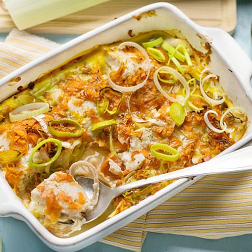 Fiskgratäng med purjolök