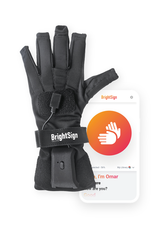 A black glove with sensors labeled "BrightSign" is positioned in front of a smartphone displaying an app icon with two hands.