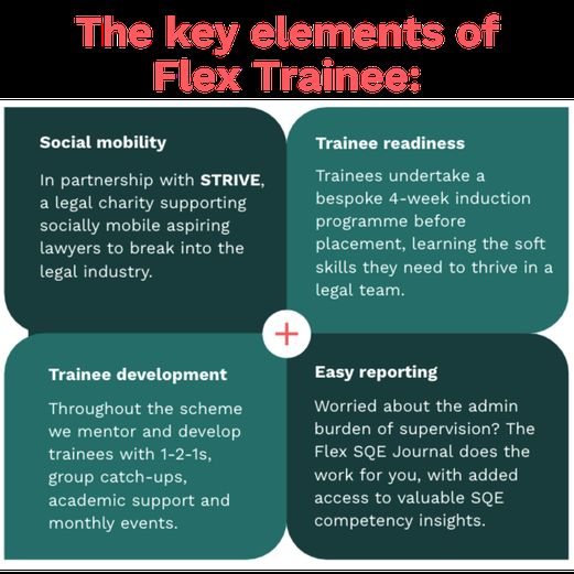 The key elements of Flex Trainee are laid out across four equal quadrants. They are; social mobility, trainee readiness, trainee development, easy reporting.