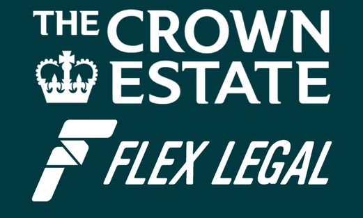 The Crown Estate and Flex Legal logos are seen in white, against a dark green background
