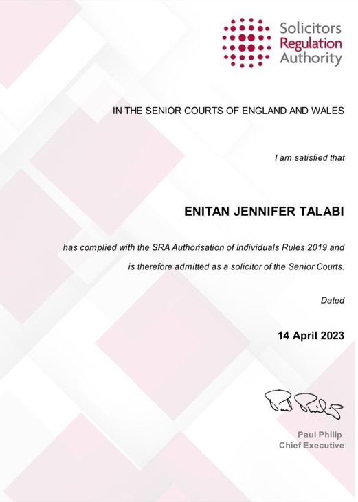 An SRA qualification certificate, showing that Enitan Jennifer Talabi has been admitted as a solcitor of the Senior Courts.